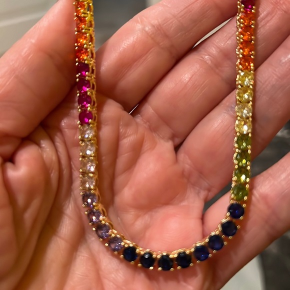 NWOT- Chain Rainbow 17” Long .25” thick Cubic zirconia tennis chain gold color - Picture 4 of 17